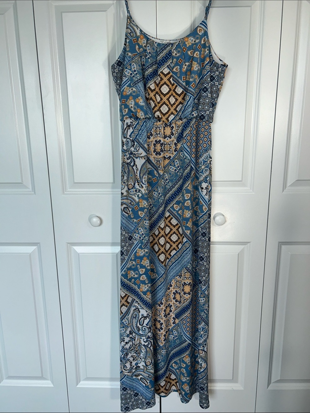 NAIF Blue and Tan Paisley Patchwork Maxi Dress